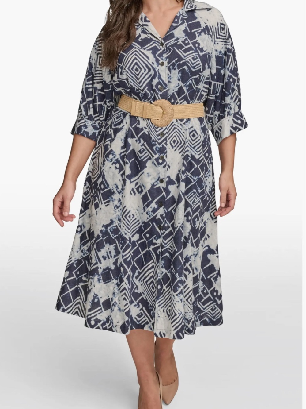 Donna Karan Navy and Tan Printed Midi Shirt Dress with Belt